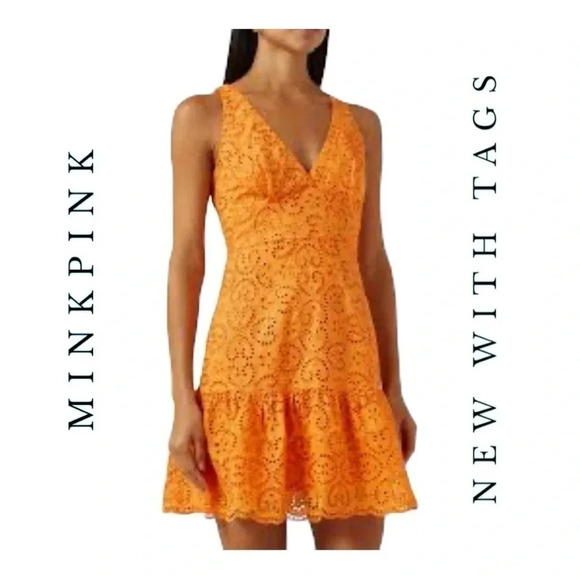 1407. MINKPINK HUXTON MINI COTTON DRESS ORANGE IN COLOR SIZE MEDIUM EYELET LACE - Picture 1 of 11